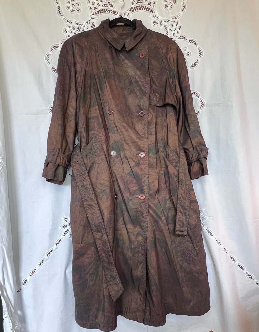 London Fog Vintage 90s Abstract Earth Tone Floral Double Breasted Trench Coat wi